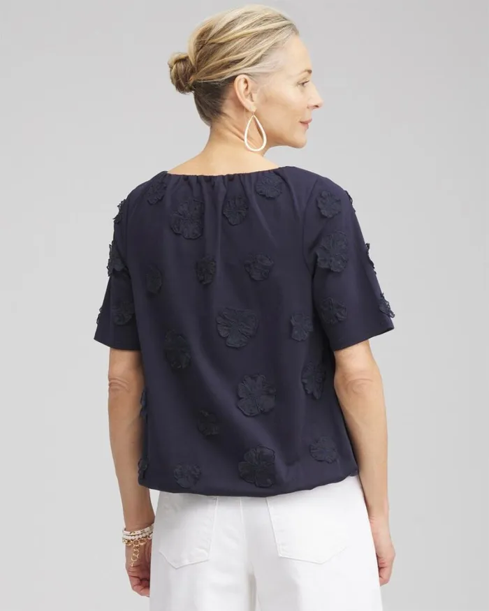 Chico039s Tops 3D Applique Bubble Hem Top Classic Navy 8211 Clothing
