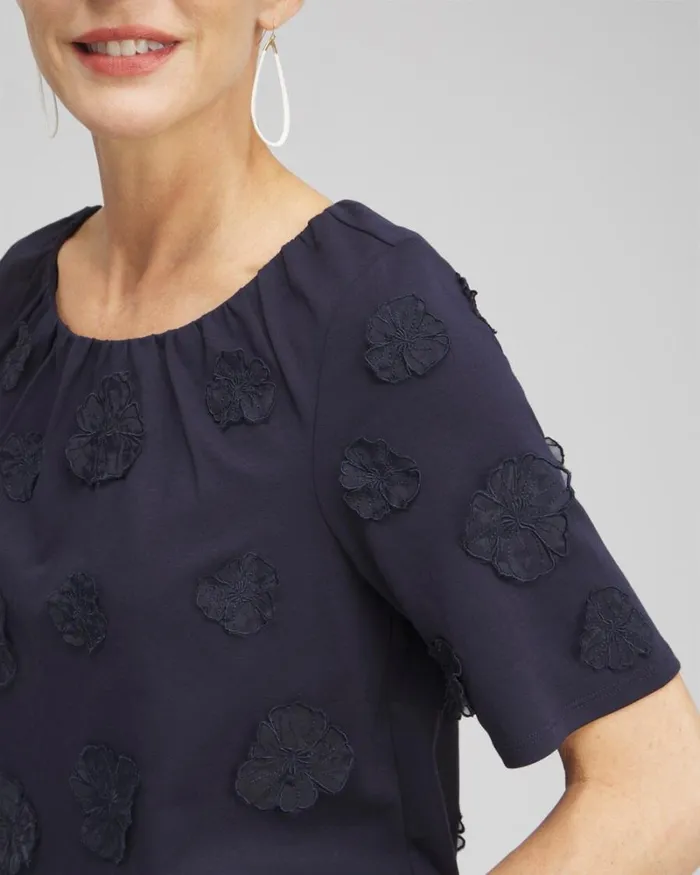 Chico039s Tops 3D Applique Bubble Hem Top Classic Navy 8211 Clothing