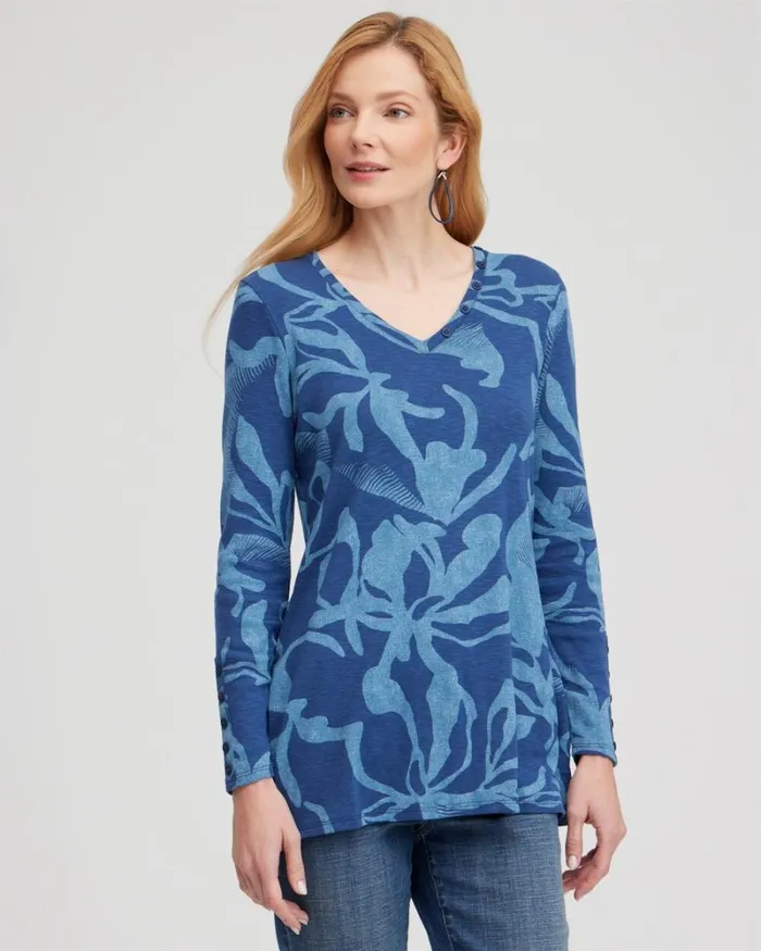 Chico039s Tops Abstract Print Button Detail Tunic Blue Echo 8211 Clothing