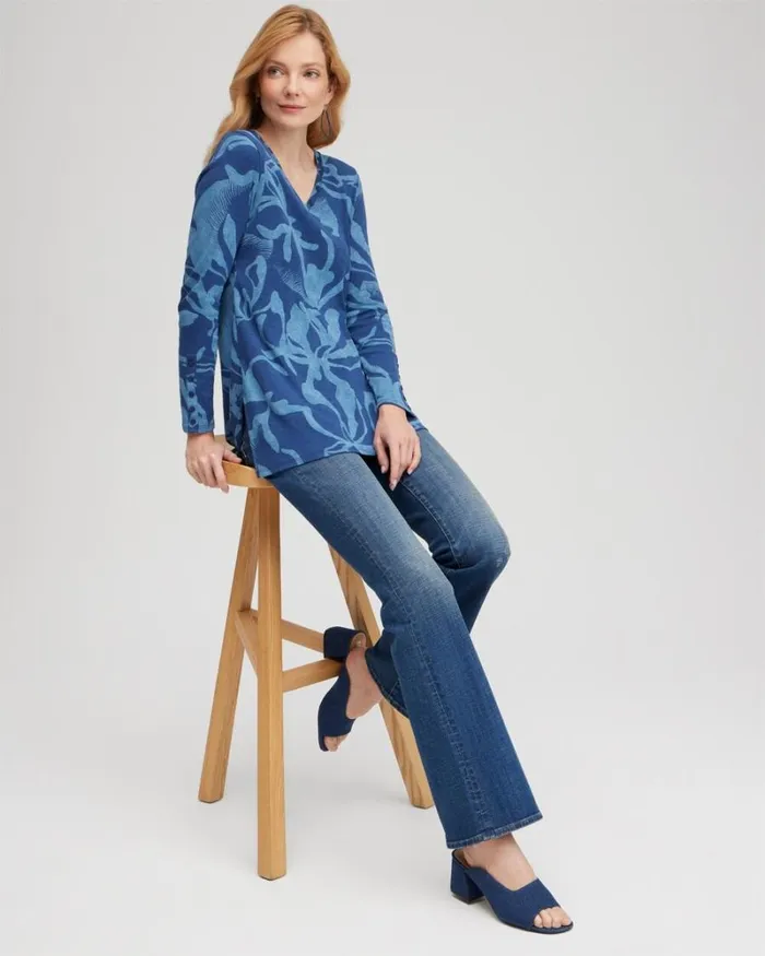Chico039s Tops Abstract Print Button Detail Tunic Blue Echo 8211 Clothing