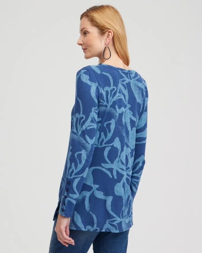 Chico039s Tops Abstract Print Button Detail Tunic Blue Echo 8211 Clothing