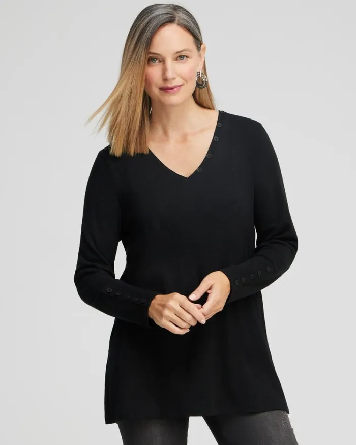 Chico039s Tops Button Detail Vneck Tunic Black 8211 Clothing