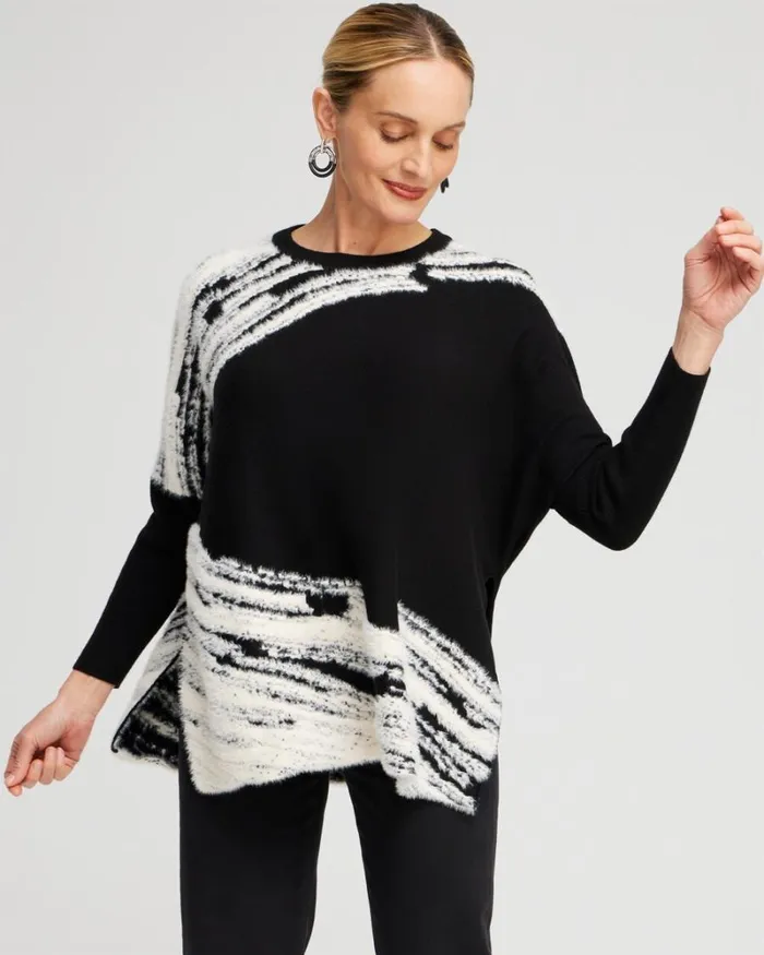 Chico039s Tops Cashmere Blend Jacquard Sweater Poncho Black 8211 Clothing