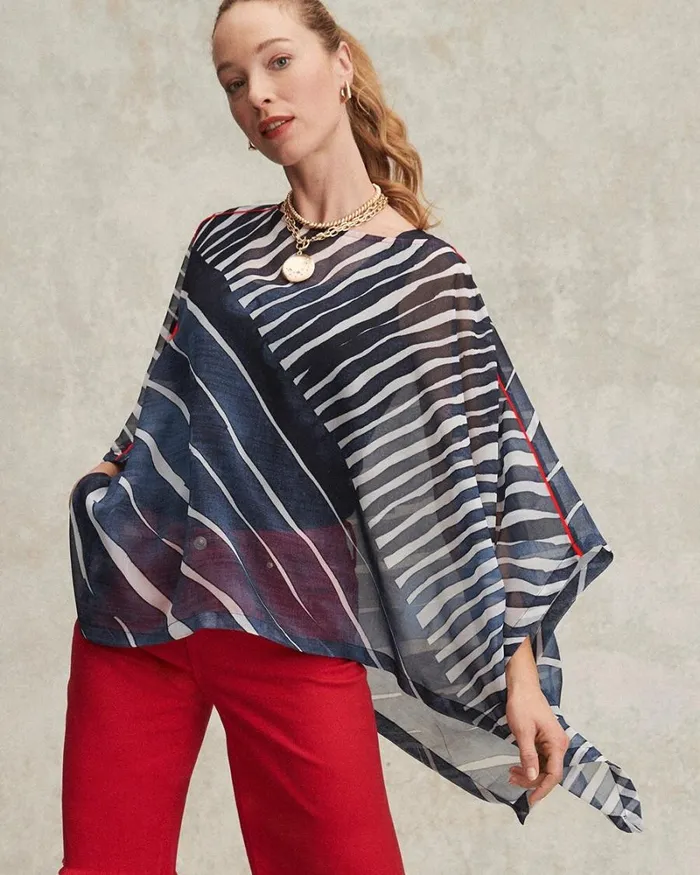 Chico039s Tops Chiffon Abstract Lines Poncho Classic Navy 8211 Clothing