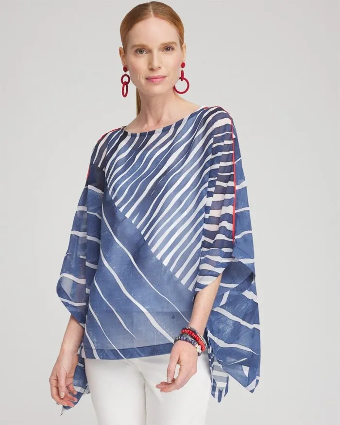 Chico039s Tops Chiffon Abstract Lines Poncho Classic Navy 8211 Clothing