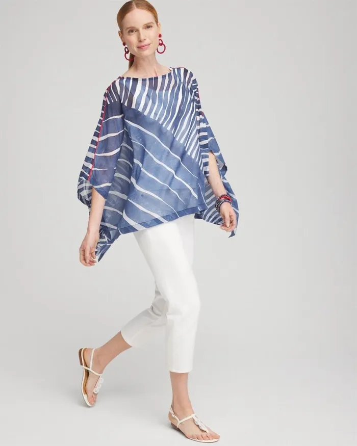 Chico039s Tops Chiffon Abstract Lines Poncho Classic Navy 8211 Clothing