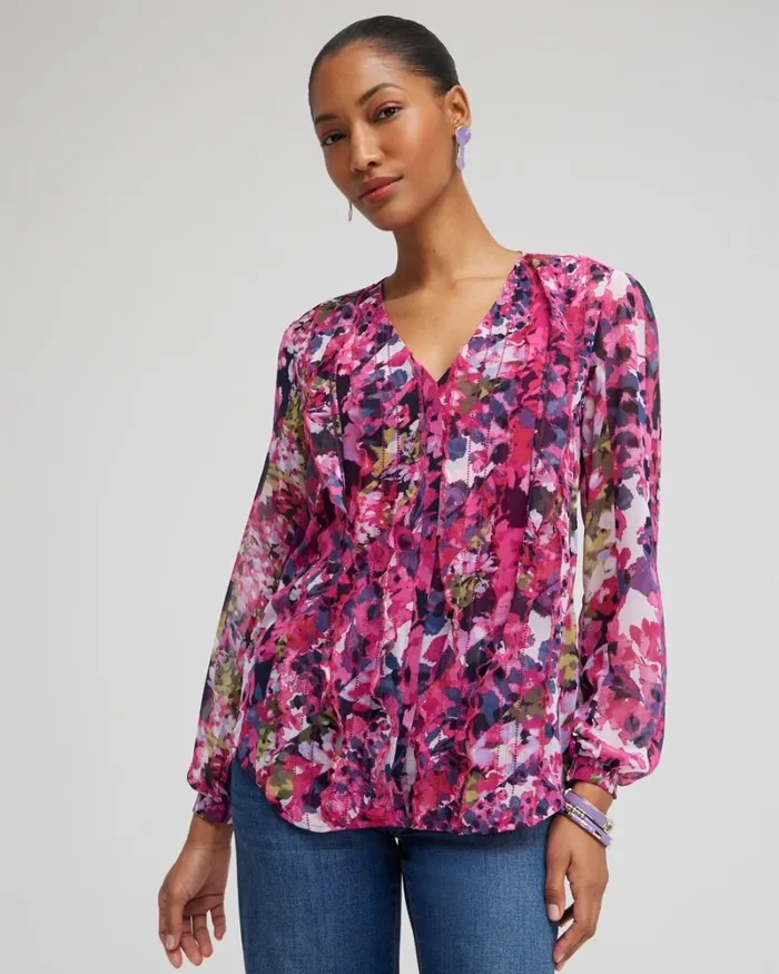 Chico039s Tops Chiffon Floral Ruffle Blouse Primrose Pink 8211 Clothing