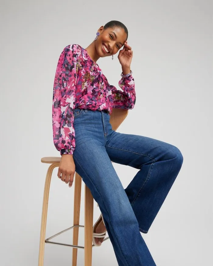 Chico039s Tops Chiffon Floral Ruffle Blouse Primrose Pink 8211 Clothing