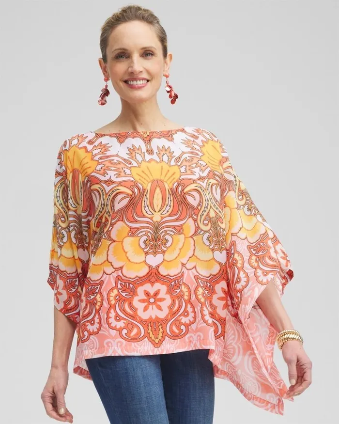 Chico039s Tops Chiffon Paisley Poncho Coral Ice 8211 Clothing