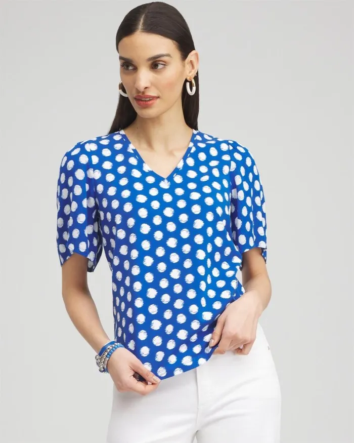 Chico039s Tops Dots Gauze Flutter Sleeve Top Intense Azure 8211 Clothing