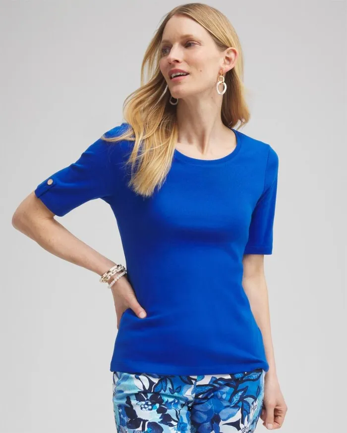 Chico039s Tops Elbow Sleeve Cotton Tee Intense Azure 8211 Clothing