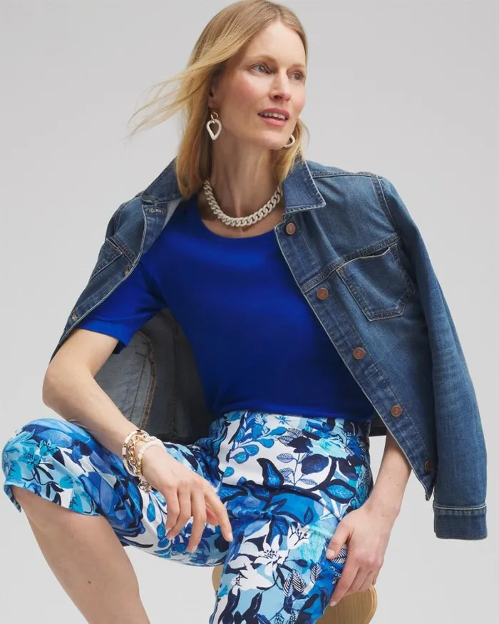 Chico039s Tops Elbow Sleeve Cotton Tee Intense Azure 8211 Clothing