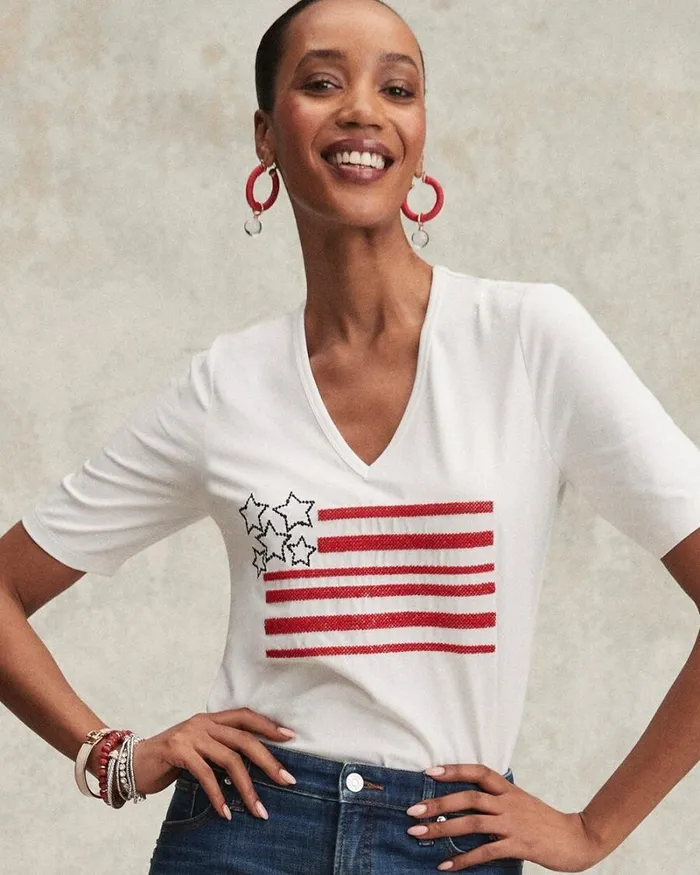 Chico039s Tops Embellished Flag Tee Alabaster 8211 Clothing