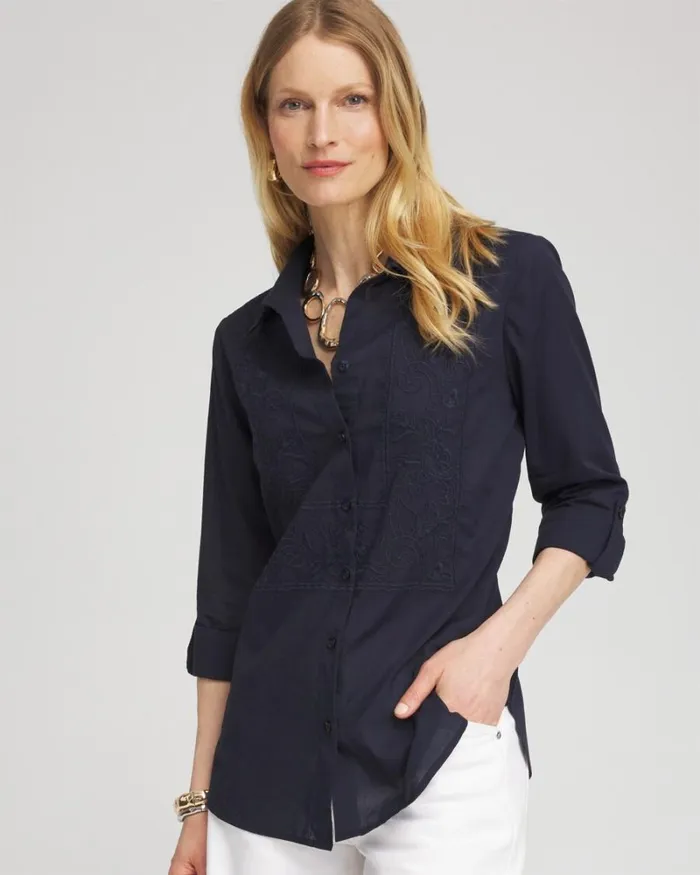 Chico039s Tops Embroidered Roll Tab Tunic Classic Navy 8211 Clothing