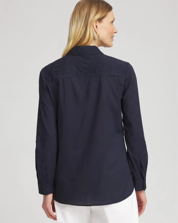 Chico039s Tops Embroidered Roll Tab Tunic Classic Navy 8211 Clothing