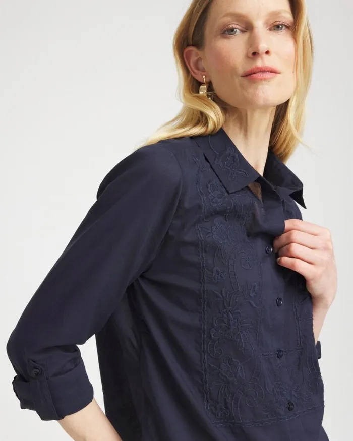 Chico039s Tops Embroidered Roll Tab Tunic Classic Navy 8211 Clothing