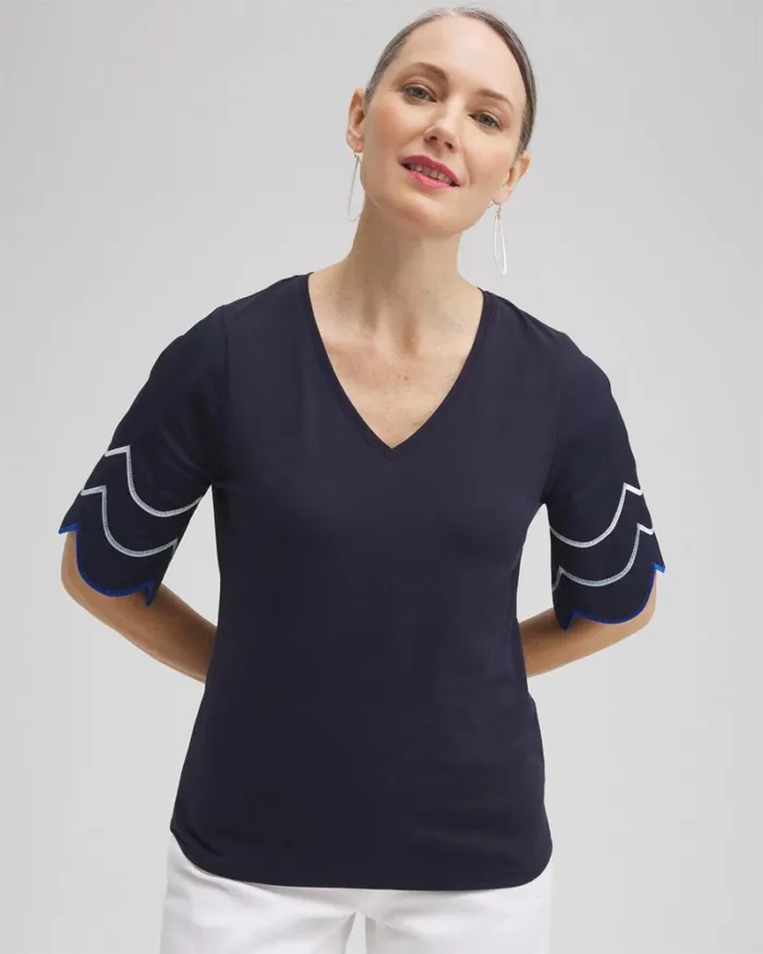 Chico039s Tops Embroidered Scallop Sleeve Top Classic Navy 8211 Clothing