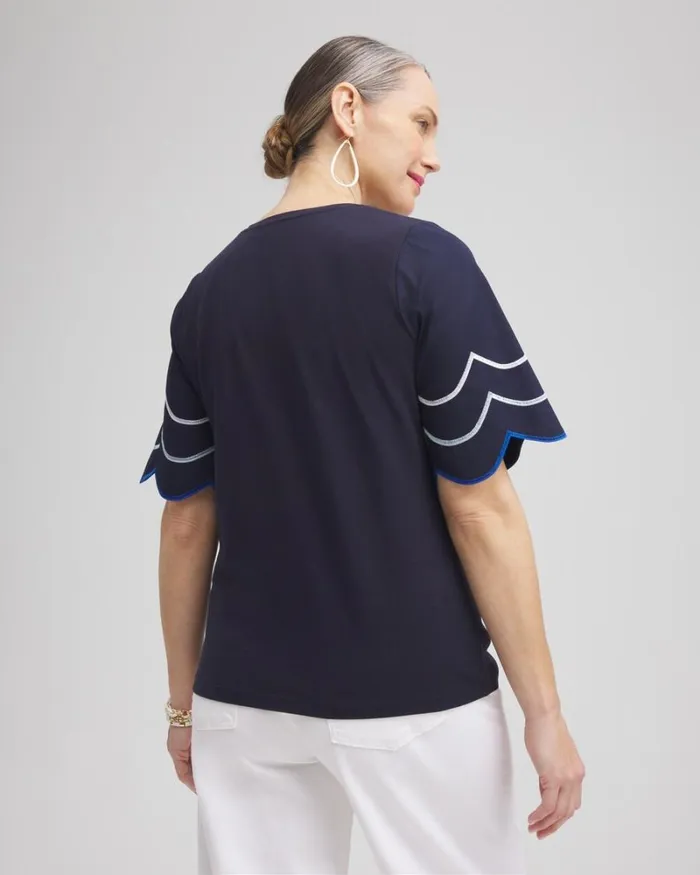 Chico039s Tops Embroidered Scallop Sleeve Top Classic Navy 8211 Clothing