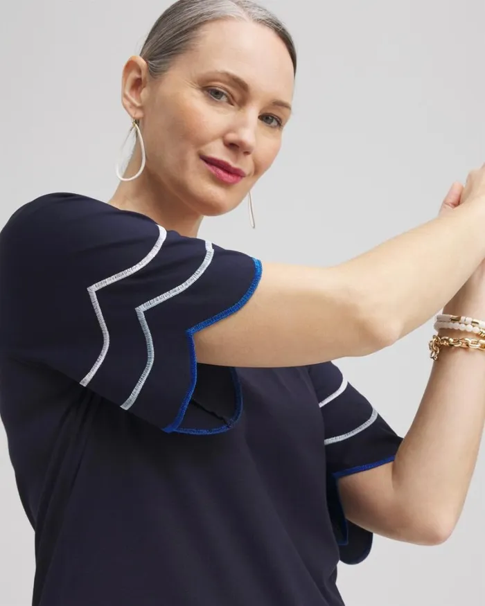 Chico039s Tops Embroidered Scallop Sleeve Top Classic Navy 8211 Clothing