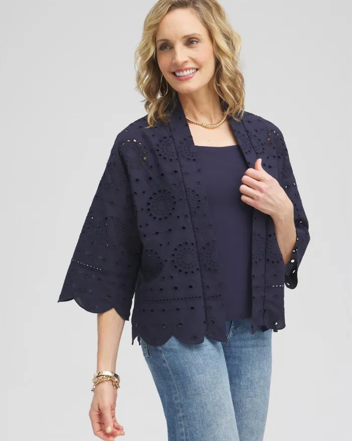 Chico039s Tops Eyelet Short Kimono Classic Navy 8211 Clothing