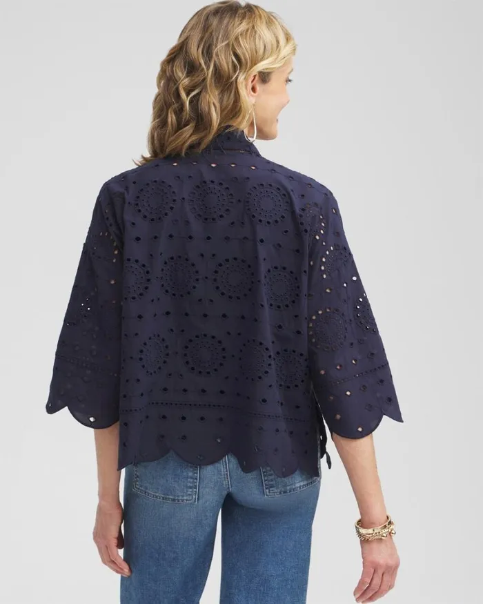 Chico039s Tops Eyelet Short Kimono Classic Navy 8211 Clothing