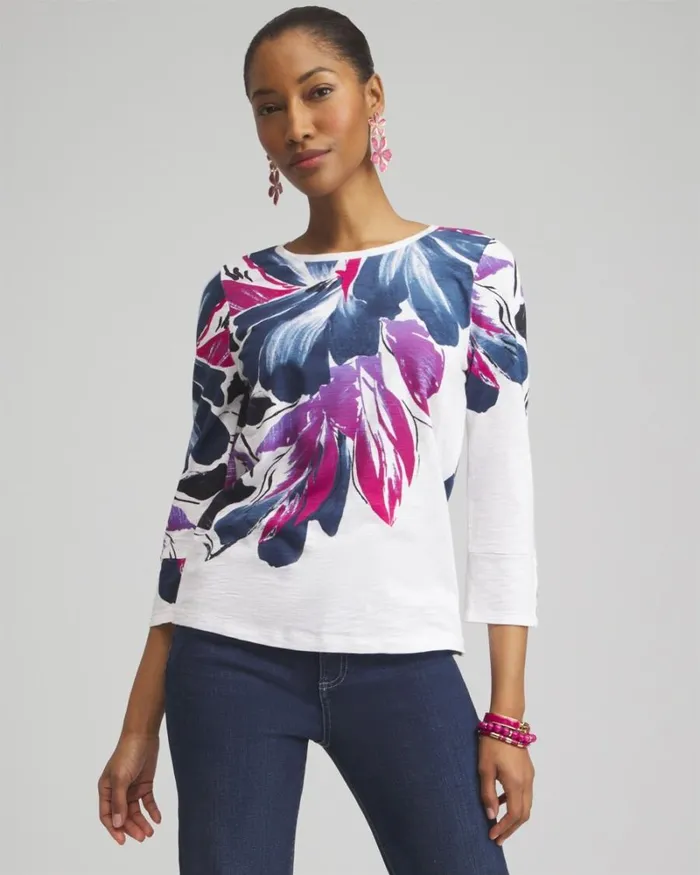 Chico039s Tops Floral 34 Sleeve Button Tee Classic Navy 8211 Clothing