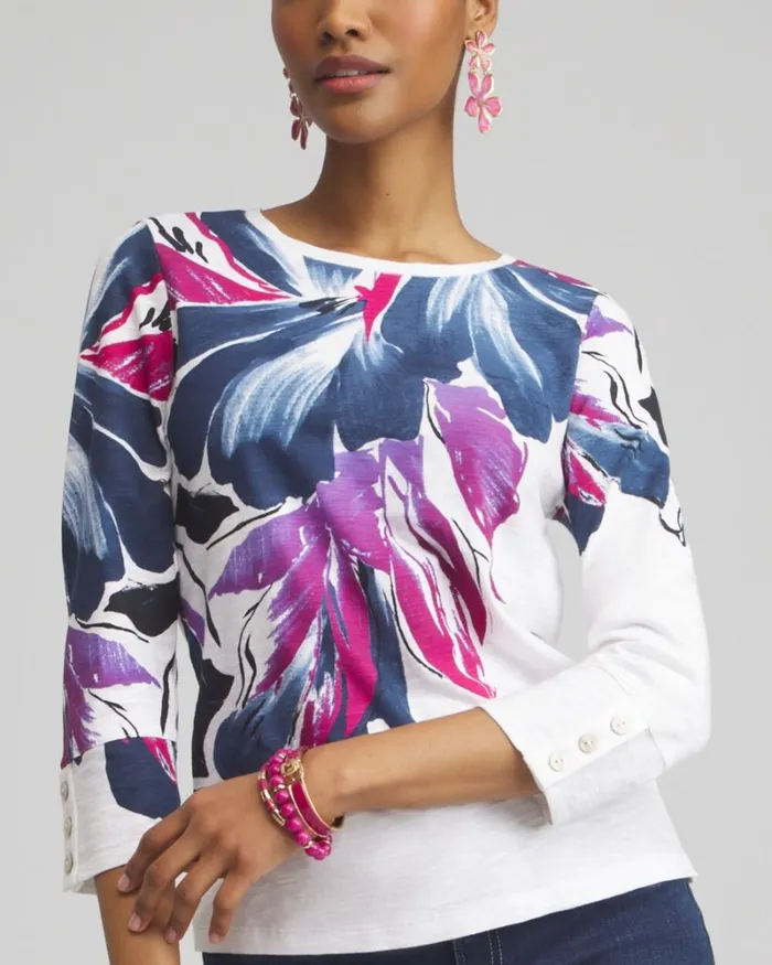 Chico039s Tops Floral 34 Sleeve Button Tee Classic Navy 8211 Clothing
