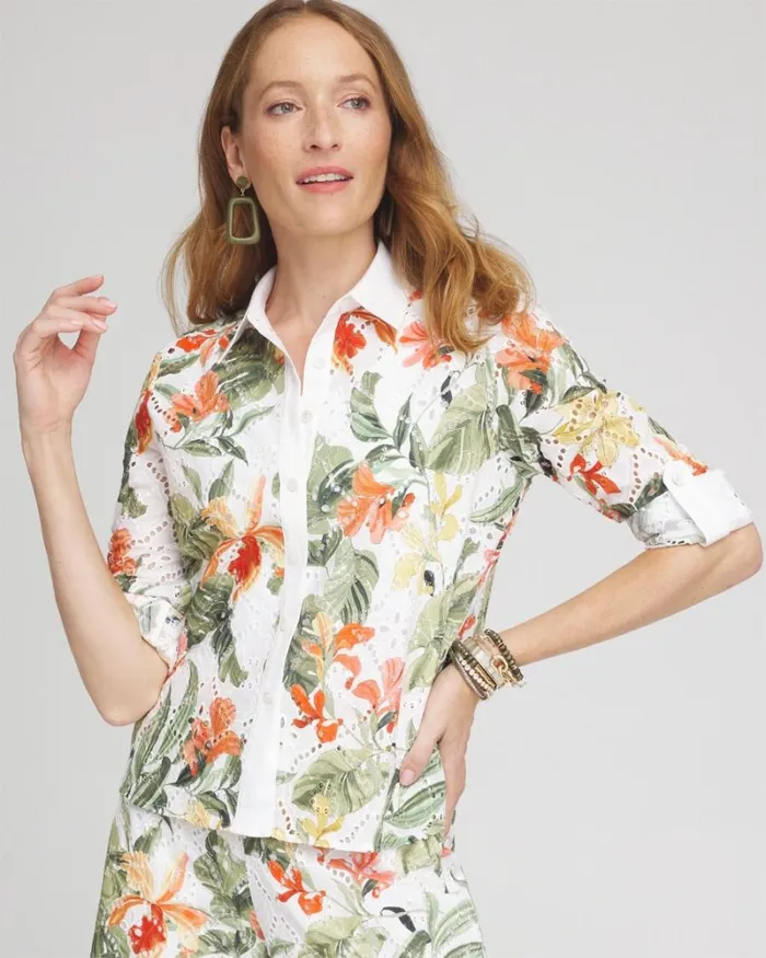 Chico039s Tops Floral Eyelet Shirt Blood Orange 8211 Clothing