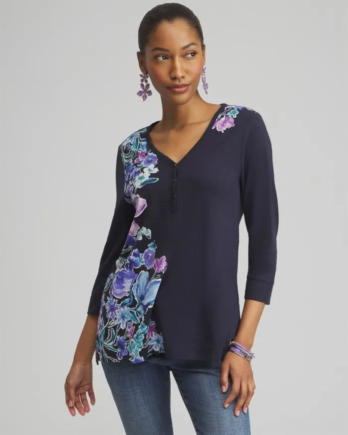 Chico039s Tops Floral Henley Side Slit Tunic Classic Navy 8211 Clothing
