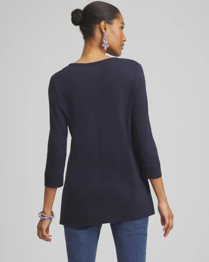 Chico039s Tops Floral Henley Side Slit Tunic Classic Navy 8211 Clothing