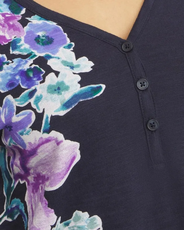 Chico039s Tops Floral Henley Side Slit Tunic Classic Navy 8211 Clothing