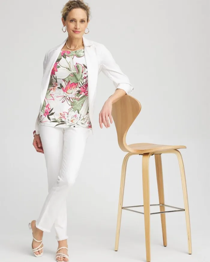Chico039s Tops Floral Modern Cap Sleeve Tee Pink Bromeliad 8211 Clothing