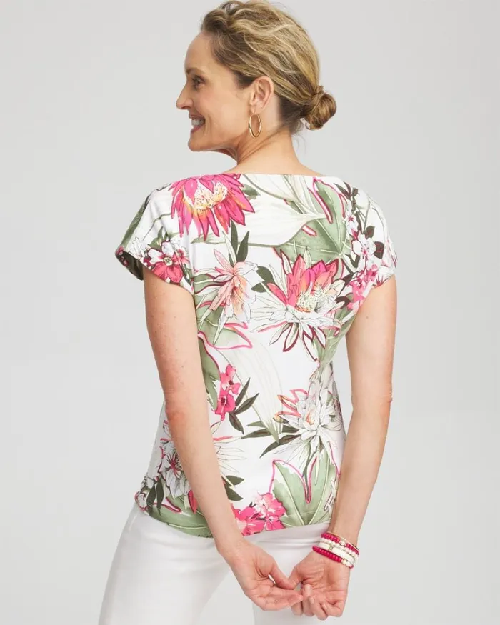 Chico039s Tops Floral Modern Cap Sleeve Tee Pink Bromeliad 8211 Clothing