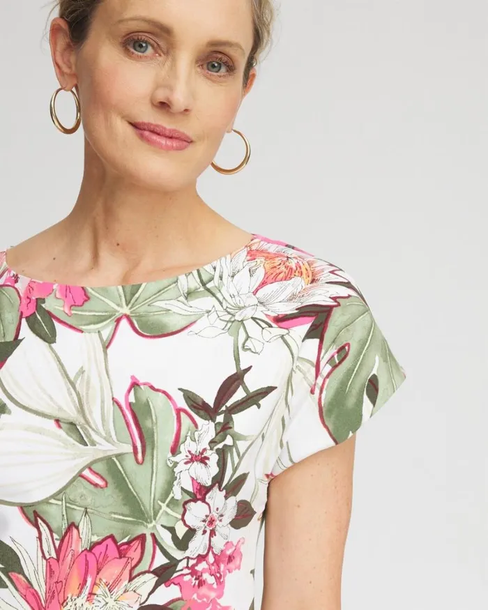 Chico039s Tops Floral Modern Cap Sleeve Tee Pink Bromeliad 8211 Clothing