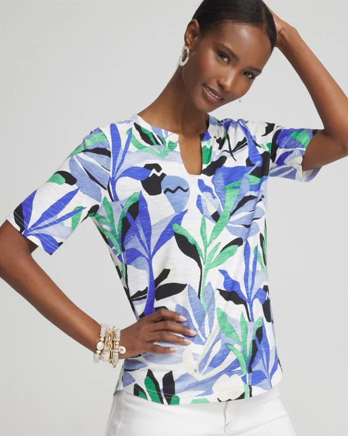 Chico039s Tops Floral Notch Neck Tee Grassy Green 8211 Clothing