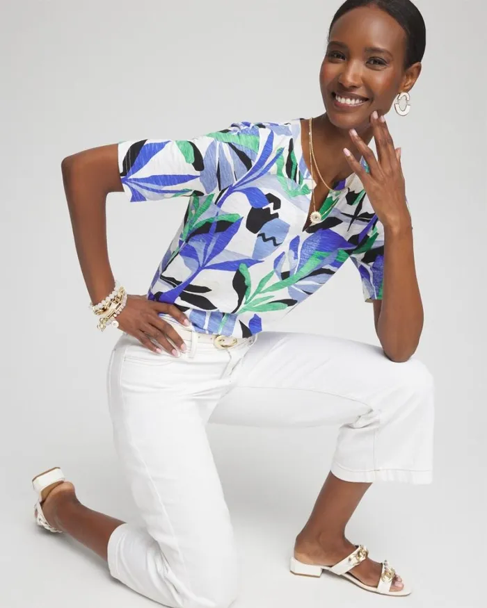Chico039s Tops Floral Notch Neck Tee Grassy Green 8211 Clothing