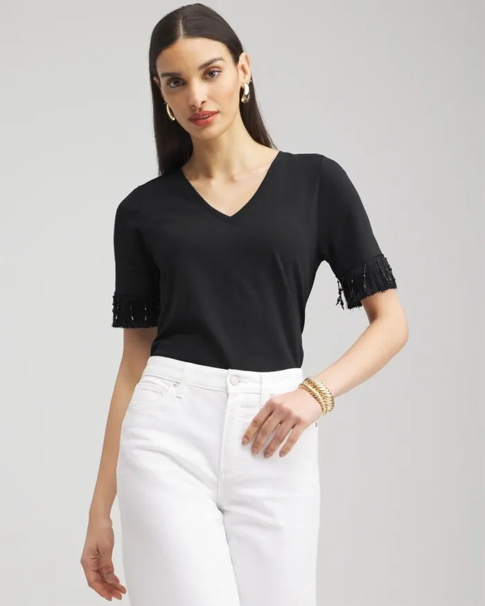 Chico039s Tops Fringe Trim Top Black 8211 Clothing