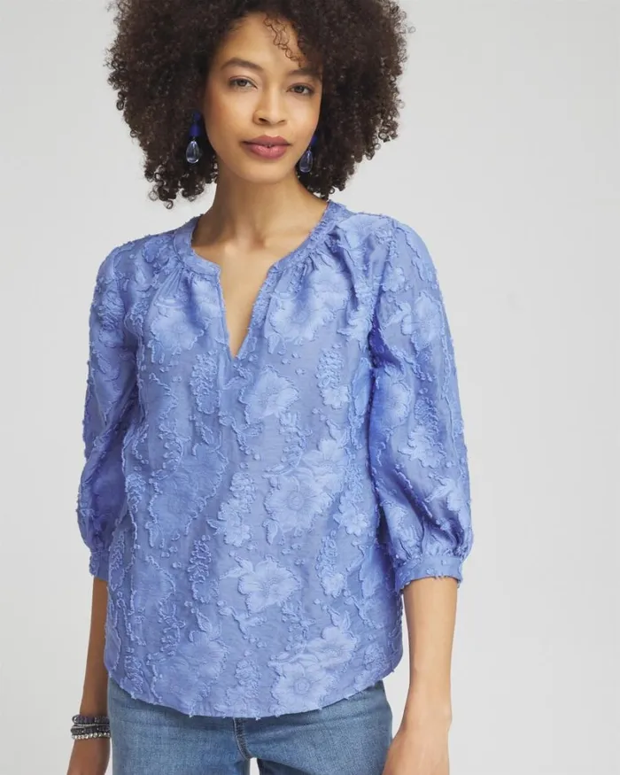 Chico039s Tops Jacquard Peasant Top Granada Sky 8211 Clothing
