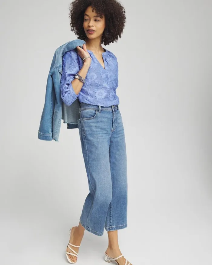 Chico039s Tops Jacquard Peasant Top Granada Sky 8211 Clothing