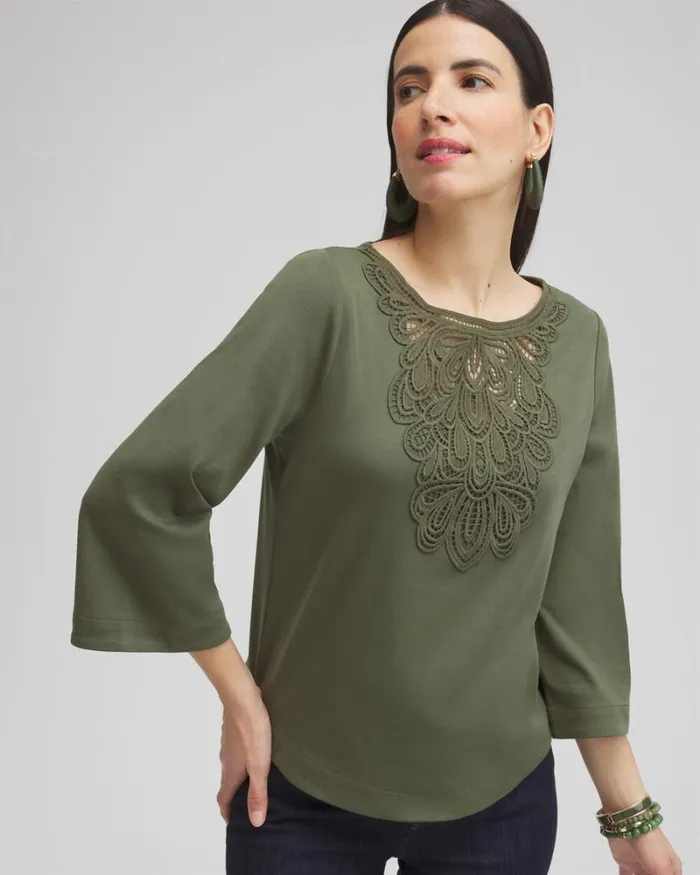 Chico039s Tops Lace Inset Top Olive 8211 Clothing