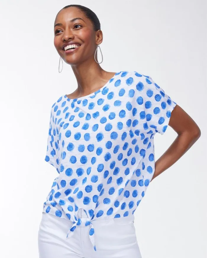 Chico039s Tops Linen Blue Dots Tie Front Tee Poolside Blue 8211 Clothing