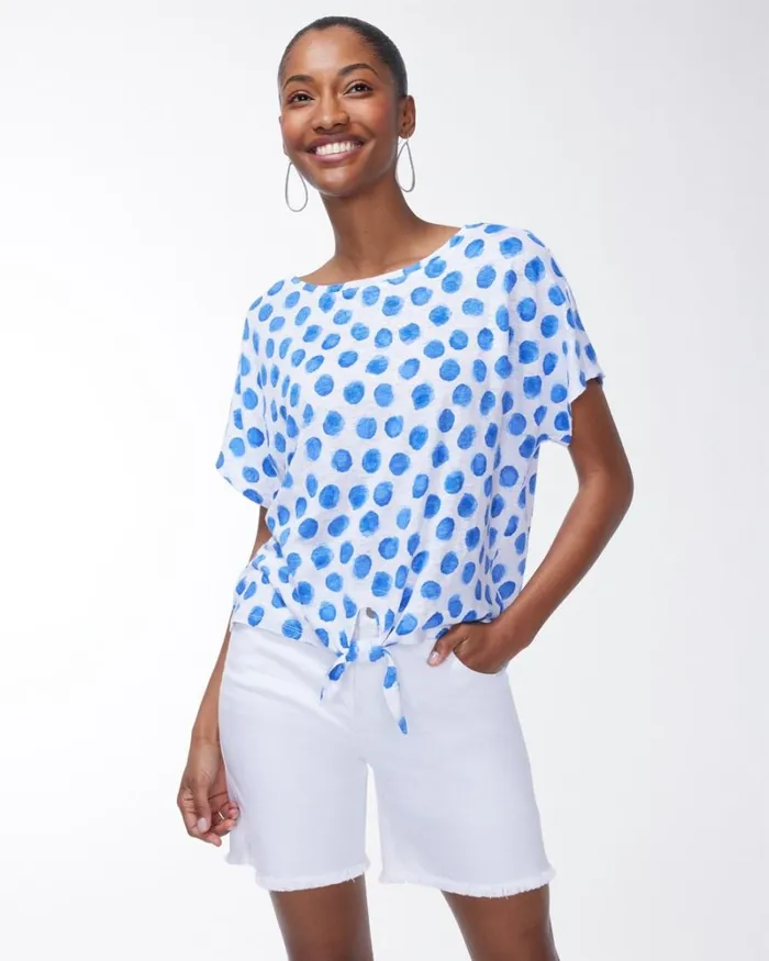 Chico039s Tops Linen Blue Dots Tie Front Tee Poolside Blue 8211 Clothing