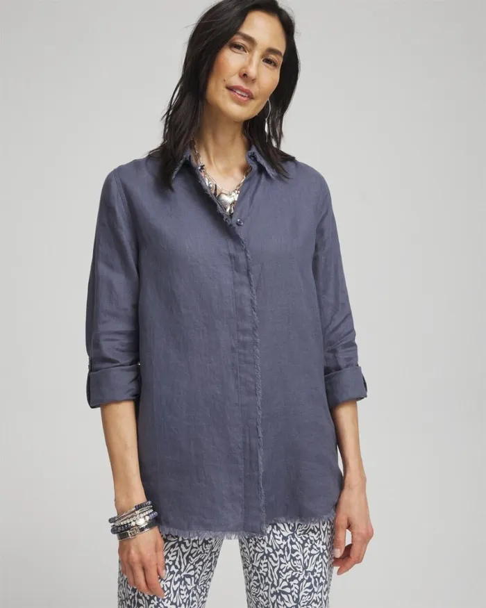Chico039s Tops Linen Fringe Shirt Soft Slate 8211 Clothing