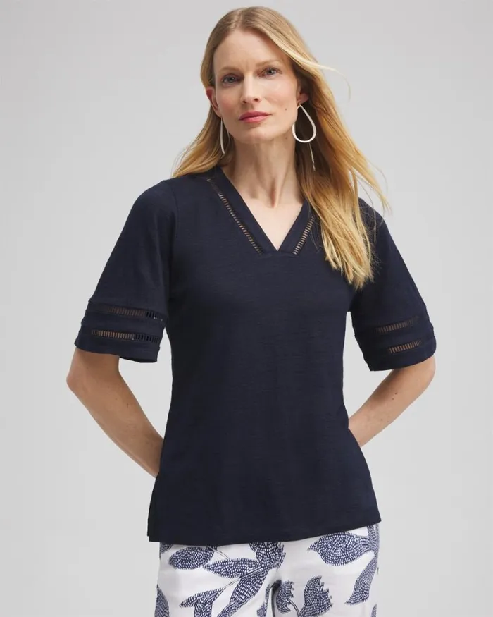 Chico039s Tops Linen Ladder Lace Tee Classic Navy 8211 Clothing