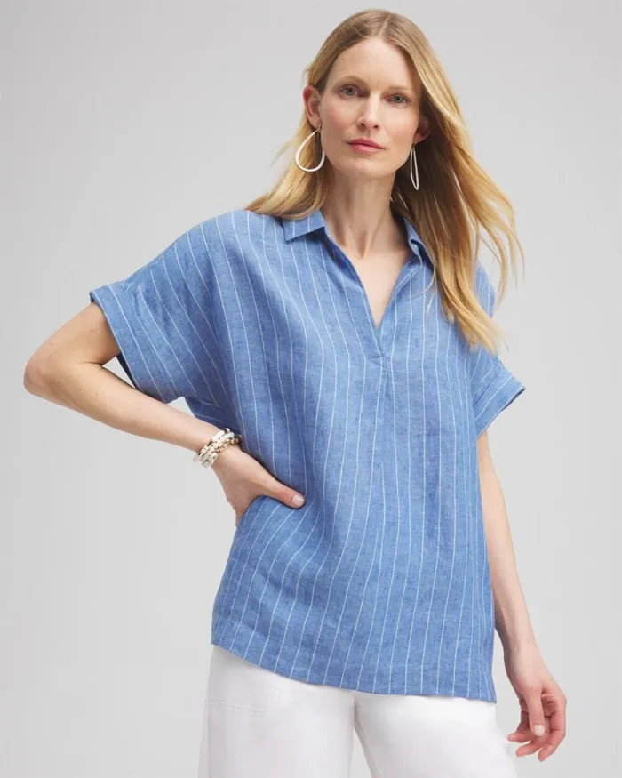 Chico039s Tops Linen Stripe Popover Top Blue 8211 Clothing