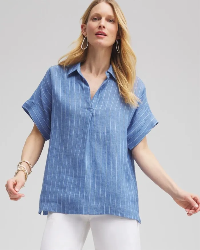 Chico039s Tops Linen Stripe Popover Top Blue 8211 Clothing