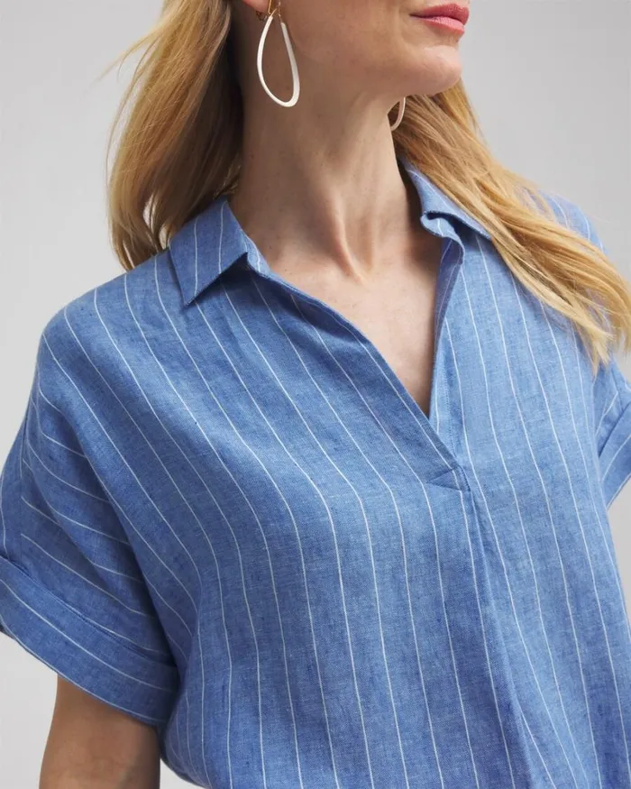 Chico039s Tops Linen Stripe Popover Top Blue 8211 Clothing