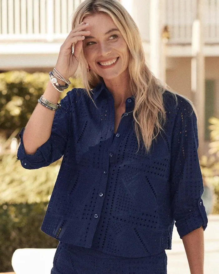 Chico039s Tops Mixed Eyelet Cotton Shirt Classic Navy 8211 Clothing