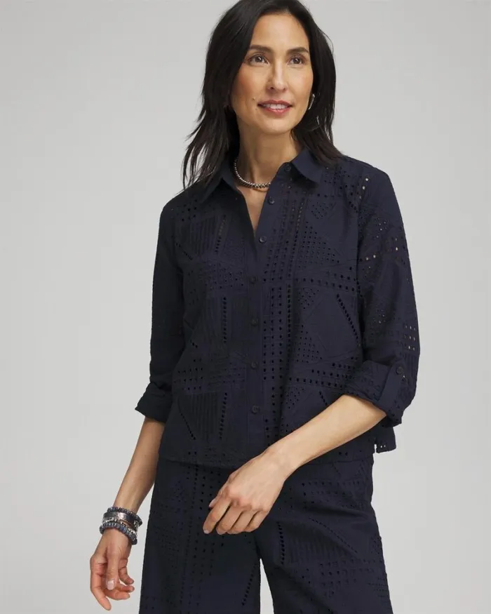 Chico039s Tops Mixed Eyelet Cotton Shirt Classic Navy 8211 Clothing