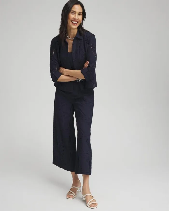 Chico039s Tops Mixed Eyelet Cotton Shirt Classic Navy 8211 Clothing